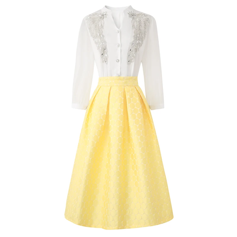 Height Quality Summer White Fashion Skirt Suits Women Long Sleeve V-Neck Shirt Blouse Tops Midi Skirts Party Elegant 2 Piece Set 
Height Quality Summer White Fashion Skirt Suits Women Long Sleeve V-Neck Shirt Blouse Tops Midi Skirts Party Elegant 2 Piece Set