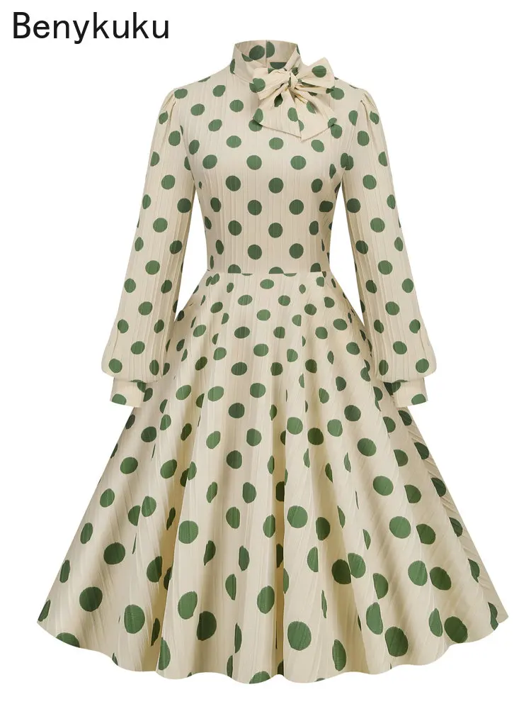 

Bow Neck Bishop Sleeve Vintage Polka Dot Print Elegant Midi Dress 2023 Clothes Spring Birthday Outfits Women 50s Retro Dress