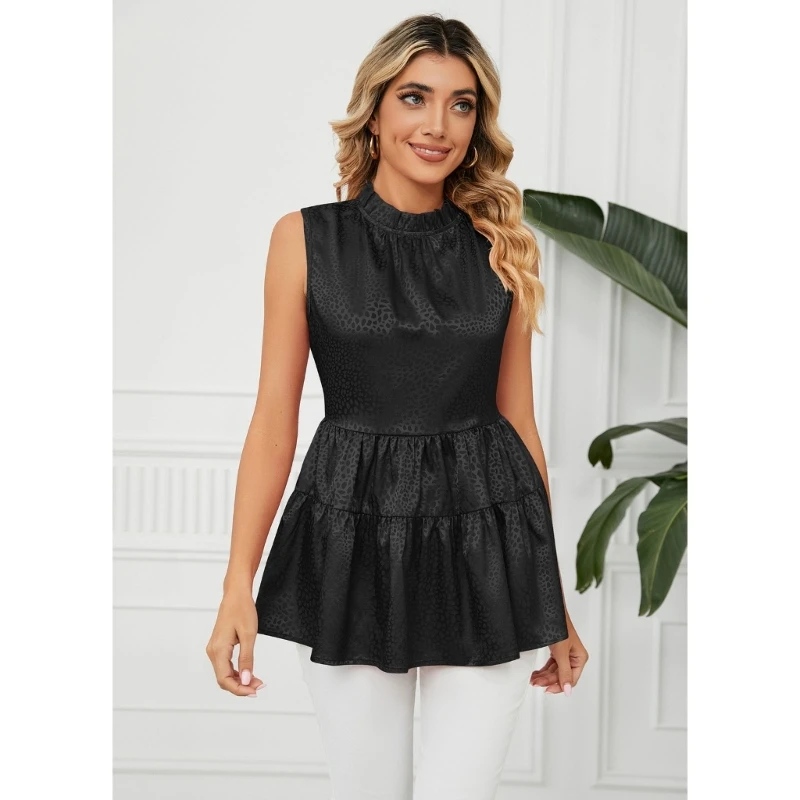 

Women Summer Sleeveless Shirts Frill Mock Neck Satin Dot Jacquard Ruffle Hem Top