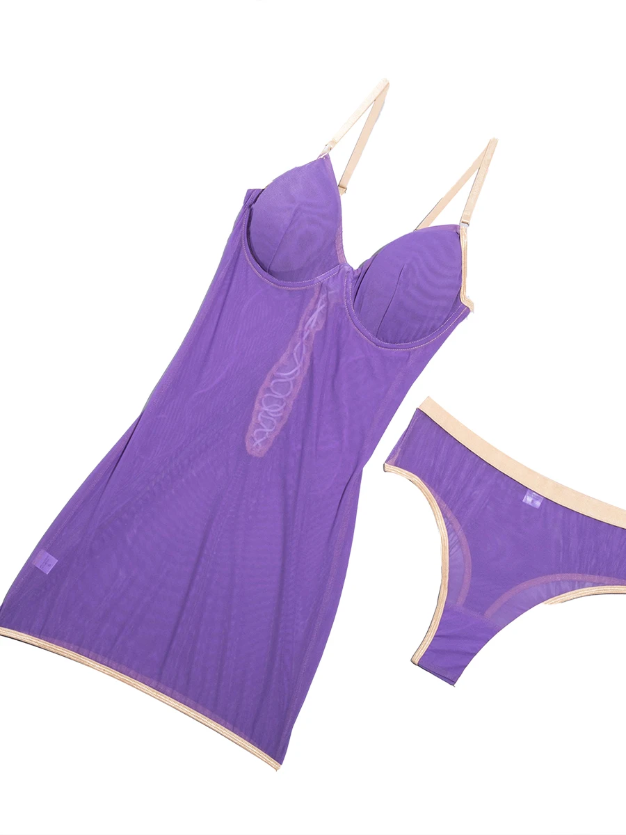 

Sexy Purple Sheer Nightdress Set with V-Neck Tulle Bodycon Cami Dress and Thong Sleepwear Lingerie for Women s Intimate Nights