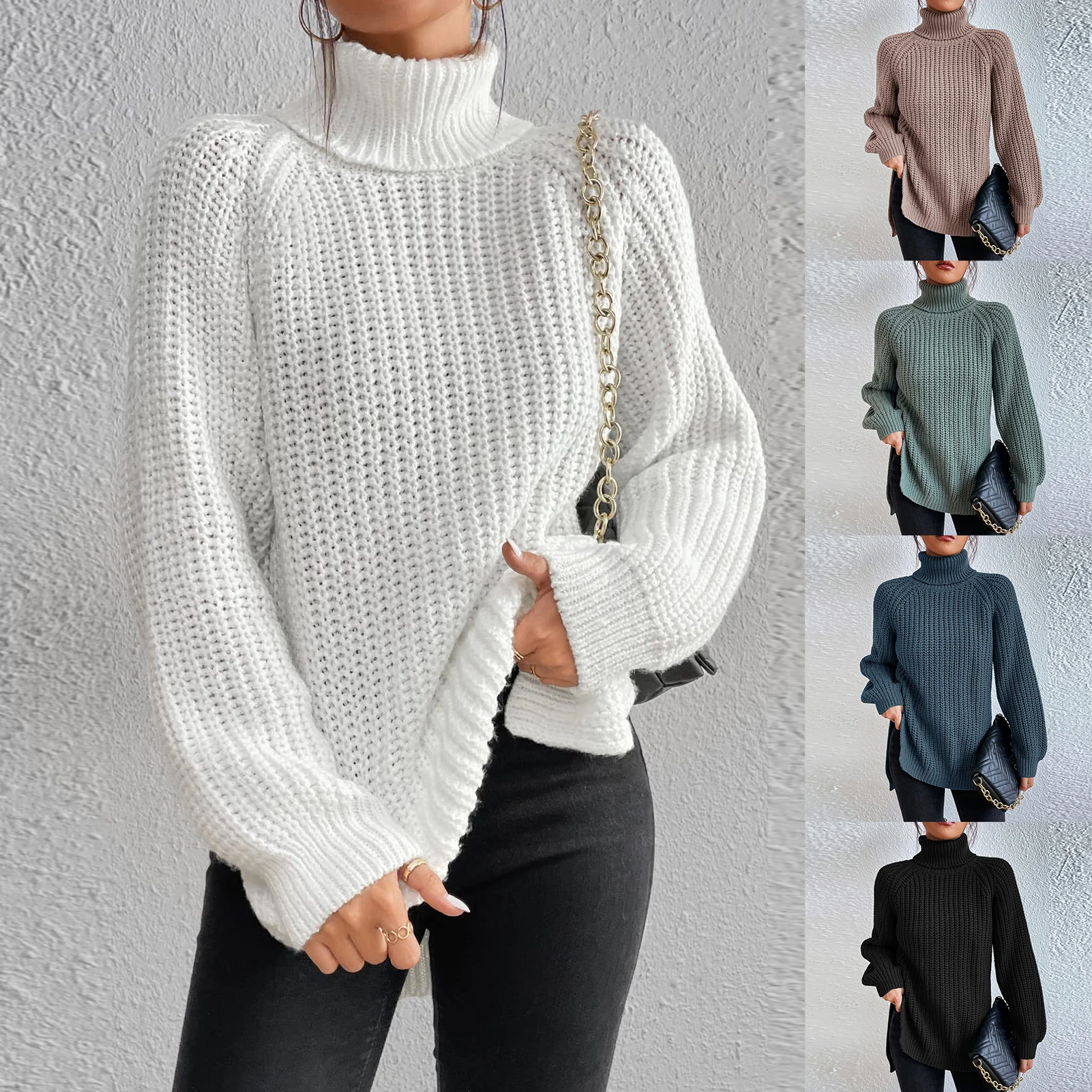 

Повседневный пуловер, свитер, топы, свободный женский свитер с рукавом реглан и разрезом на подоле, однотонный Зимний пуловер с высоким воротником, джемпер, топ, повседневная одежда