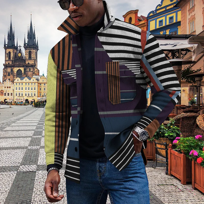 Stripe Colorful Abstraction Grid Block Pattern Printing Fashion Button Jacket Pocket Coat Spring Autumn Men New Trend Trench
Stripe Colorful Abstraction Grid Block Pattern Printing Fashion Button Jacket Pocket Coat Spring Autumn Men New Trend Trench