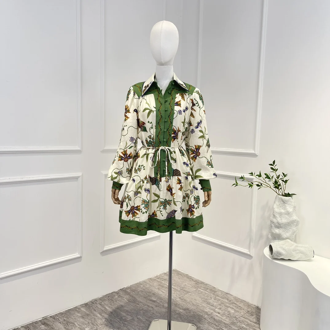 New 2023 Autumn High Quality Linen Green Leaf Print Long Lantern Sleeve Mini Dress Vintage Buttons Casual Style Woman Clothes
New 2023 Autumn High Quality Linen Green Leaf Print Long Lantern Sleeve Mini Dress Vintage Buttons Casual Style Woman Clothes