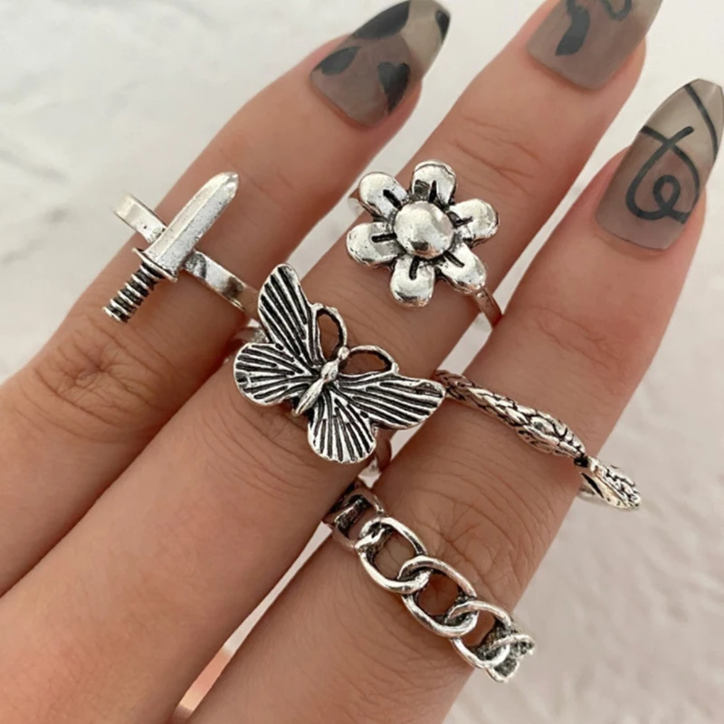 5Pcs/set Luxury Ring Jewelry Geometric Alloy Geometric Gothic Punk Flower Butterfly Rings Set Dagger Snake Finger Ring for Women
5Pcs/set Luxury Ring Jewelry Geometric Alloy Geometric Gothic Punk Flower Butterfly Rings Set Dagger Snake Finger Ring for Women