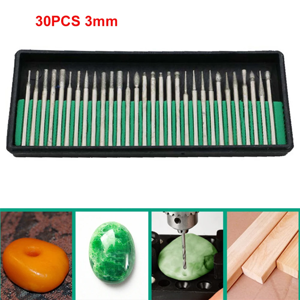 30PCS 3mm Mini Drill Bits Diamond Burs Grinding Wheel Abrasive Shank Wood Stone Engraving for Dremel Power Tools Accessories 
30PCS 3mm Mini Drill Bits Diamond Burs Grinding Wheel Abrasive Shank Wood Stone Engraving for Dremel Power Tools Accessories