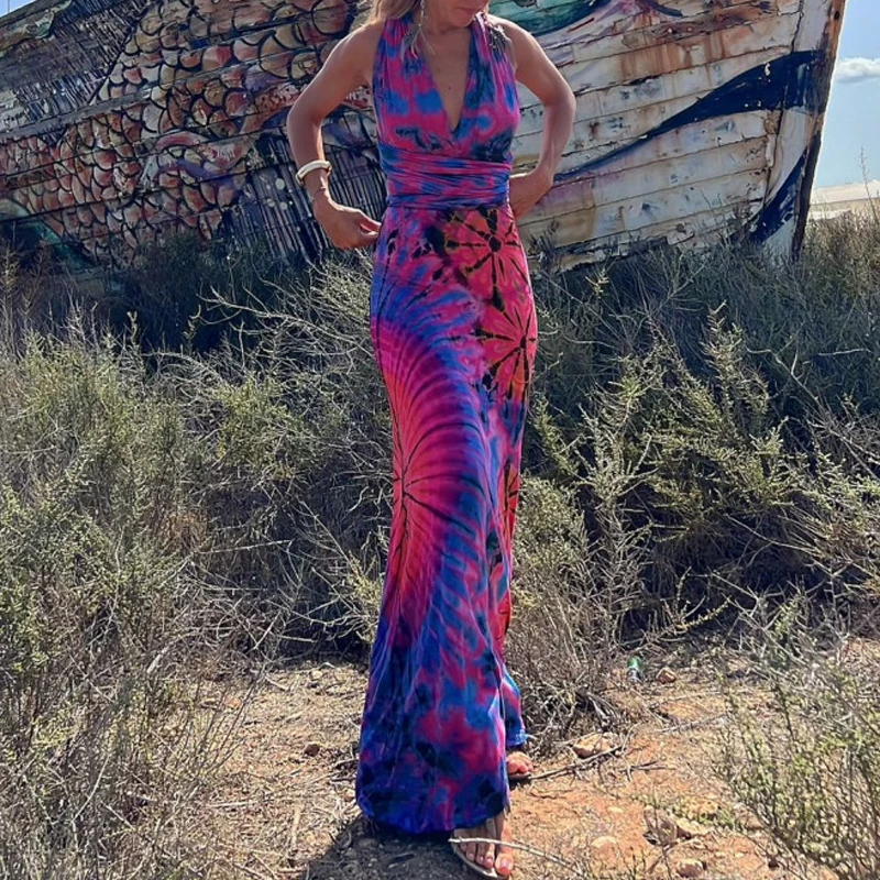 2023 Summer Sexy Halter Deep V Slim Fit Long Dress Vintage Tie Dye Printed Sleeveless Bohemian Dress Fashion Backless Robe Dress
2023 Summer Sexy Halter Deep V Slim Fit Long Dress Vintage Tie Dye Printed Sleeveless Bohemian Dress Fashion Backless Robe Dress
