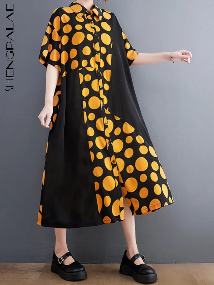

SHENGPALAE Платье женское лоскутное свободное повседневное однобортное с коротким рукавом с отворотом 2022 Лето Новая мода 5SD235