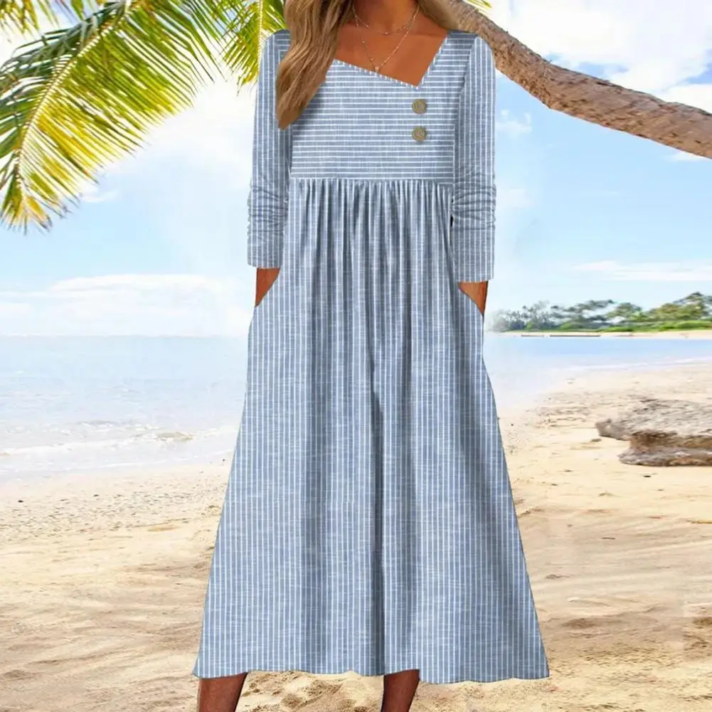 Casual Dress Striped Midi Dresses with Skew Collar Pockets Button Details Loose A-line Fit for Women's Autumn Wardrobe Casual
Casual Dress Striped Midi Dresses with Skew Collar Pockets Button Details Loose A-line Fit for Women's Autumn Wardrobe Casual