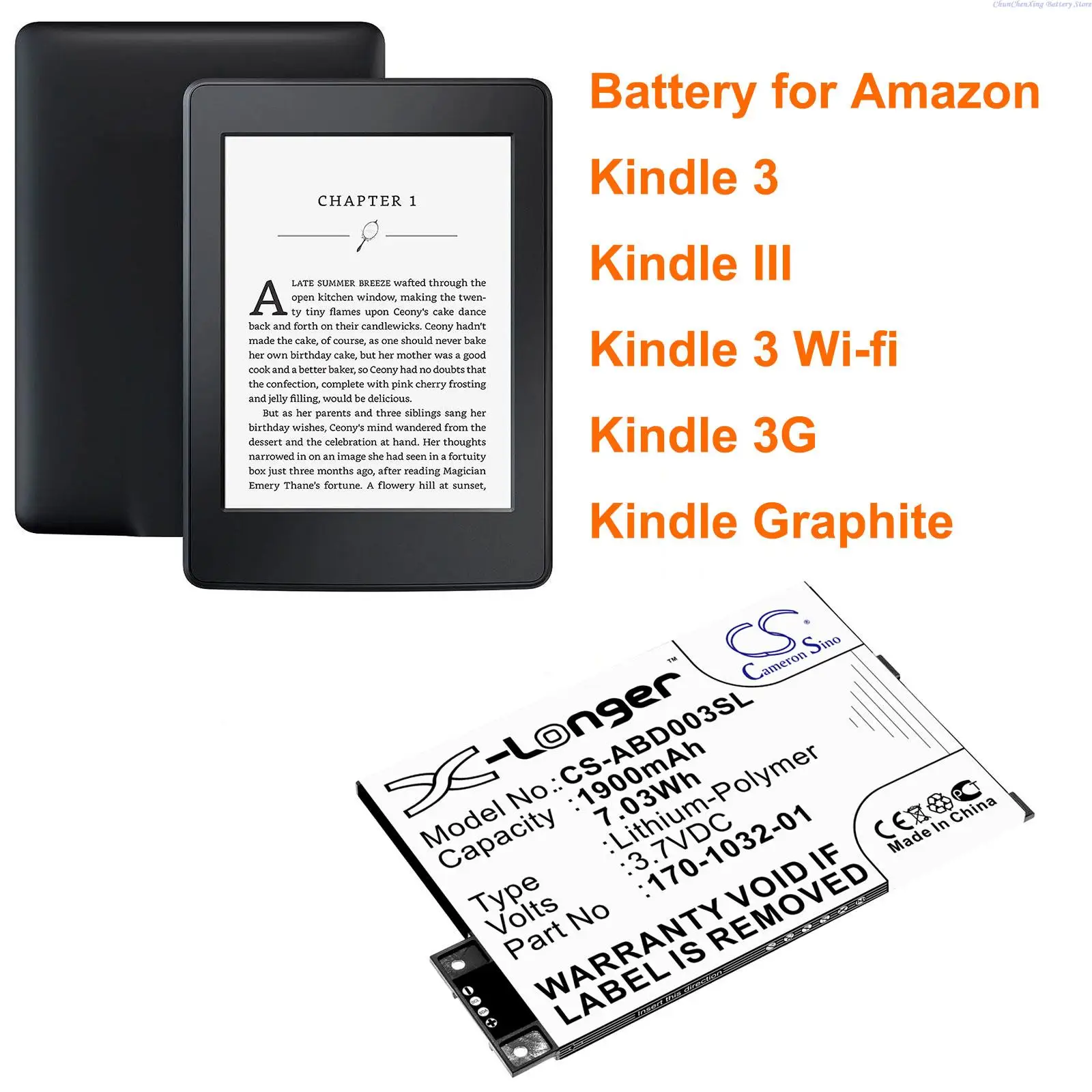 Cameron Sino 1900mAh Battery 170-1032-01, S11GTSF01A for Amazon Kindle 3, Kindle III, Kindle 3 Wi-fi, Kindle 3G, Kindle Graphite
Cameron Sino 1900mAh Battery 170-1032-01, S11GTSF01A for Amazon Kindle 3, Kindle III, Kindle 3 Wi-fi, Kindle 3G, Kindle Graphite