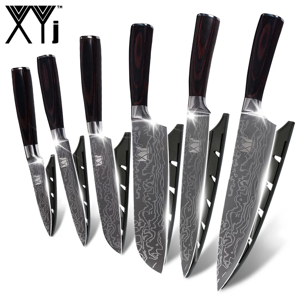 

XYj 6PCS Stainless Steel Kitchen Knife Set Laser Damascus Pattern Blade Chef Slicing Bread Santoku Utility Paring Knives Tool