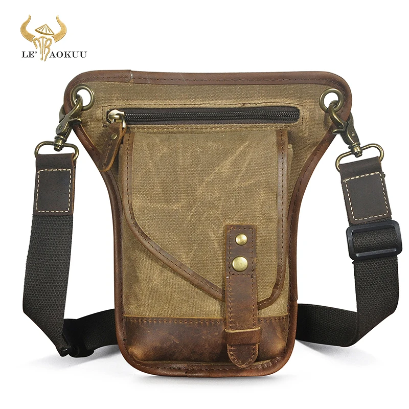 

Waterproof Canvas+Top Quality Leather Classic Shoulder Sling Bag Travel Fanny Waist Belt Pack Leg Thigh Bag For Men Male 211-6