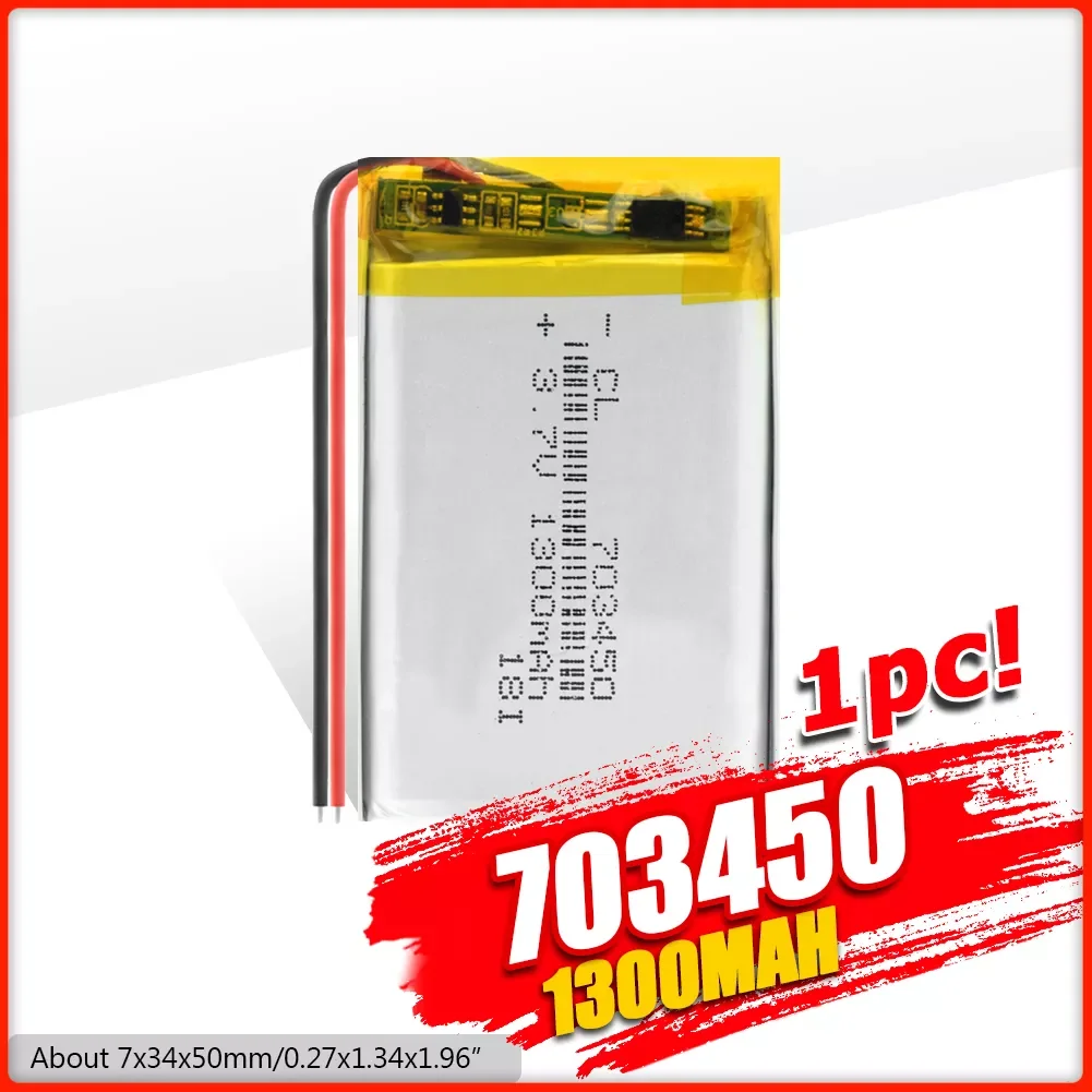 703450 073450 3.7V 1300mah lithium polymer rechargable battery For MP4 MP5 GPS DVD TOY Power Bank Speaker Li-ion cell
703450 073450 3.7V 1300mah lithium polymer rechargable battery For MP4 MP5 GPS DVD TOY Power Bank Speaker Li-ion cell