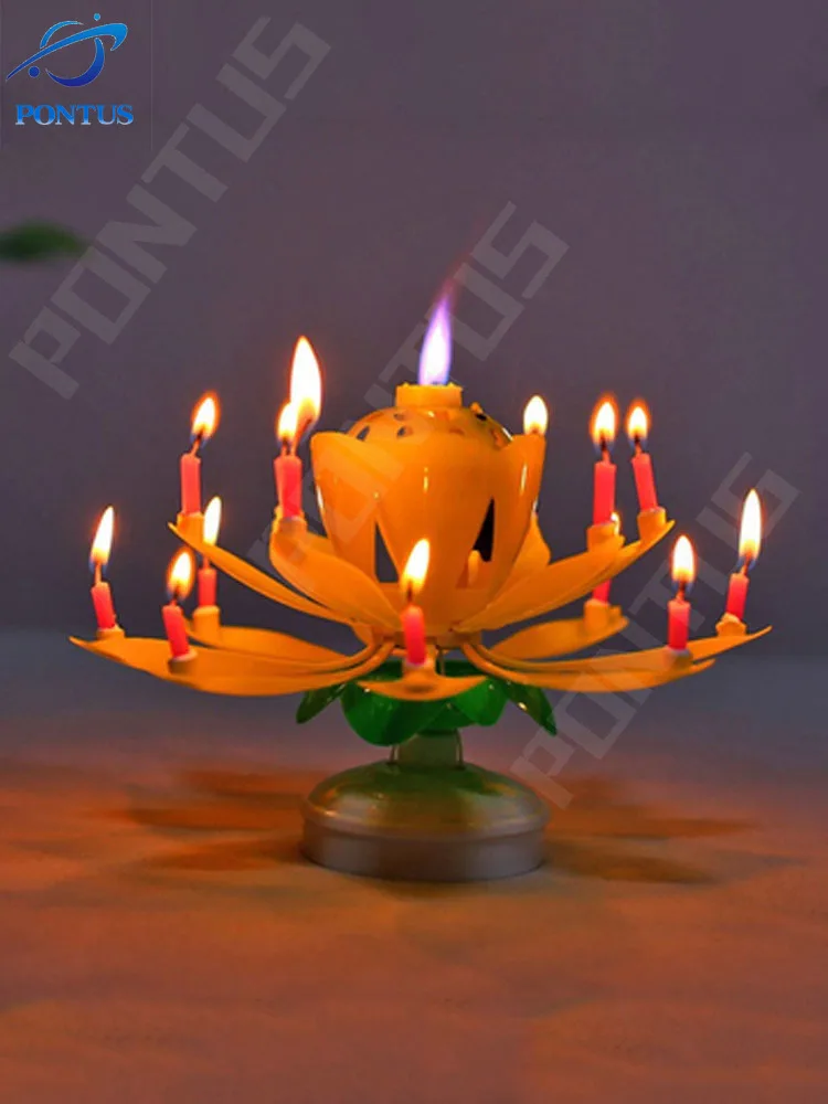 

Двухслойная музыкальная вращающаяся свеча в виде цветка лотоса, Свеча для торта на день рождения, свечи «сделай сам» для украшения торта на ...