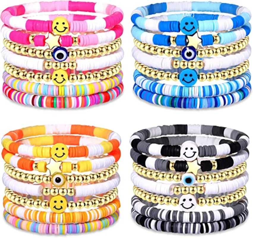 

28 Pcs 4 Set Bracelets Set Colorful Preppy Happy Smile Evil Eye Beaded Stretch Bracelets Clay Stackable Boho Disc Bracelets