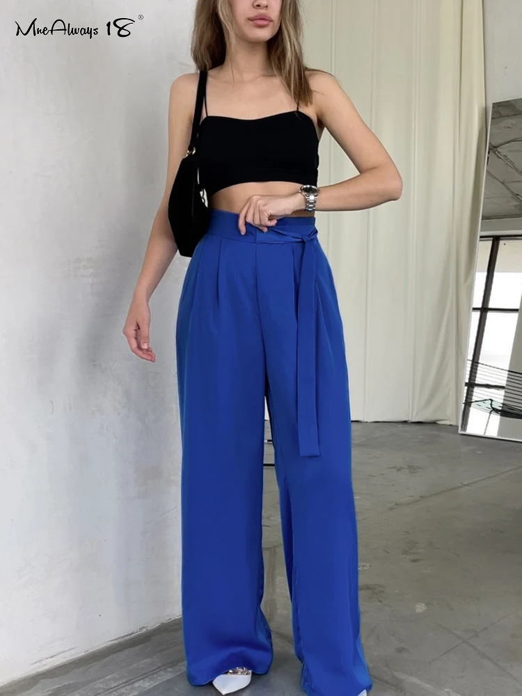 

Mnealways18 Fashion Palazzo Blue Trousers Women High Waist Lace-Up Pants With Belt Satin 2022 Female Wide Leg Zip Pants Pleated