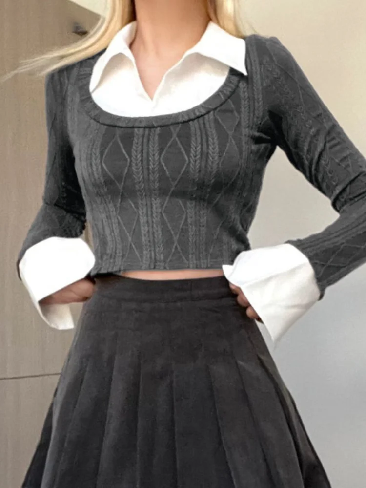 

Y2k Aesthetic Turn Down Collar Crop Tops 2023 Spring Long Sleeve Contrast Color Preppy Harajuku Pull Femme Tassel Women Sweaters