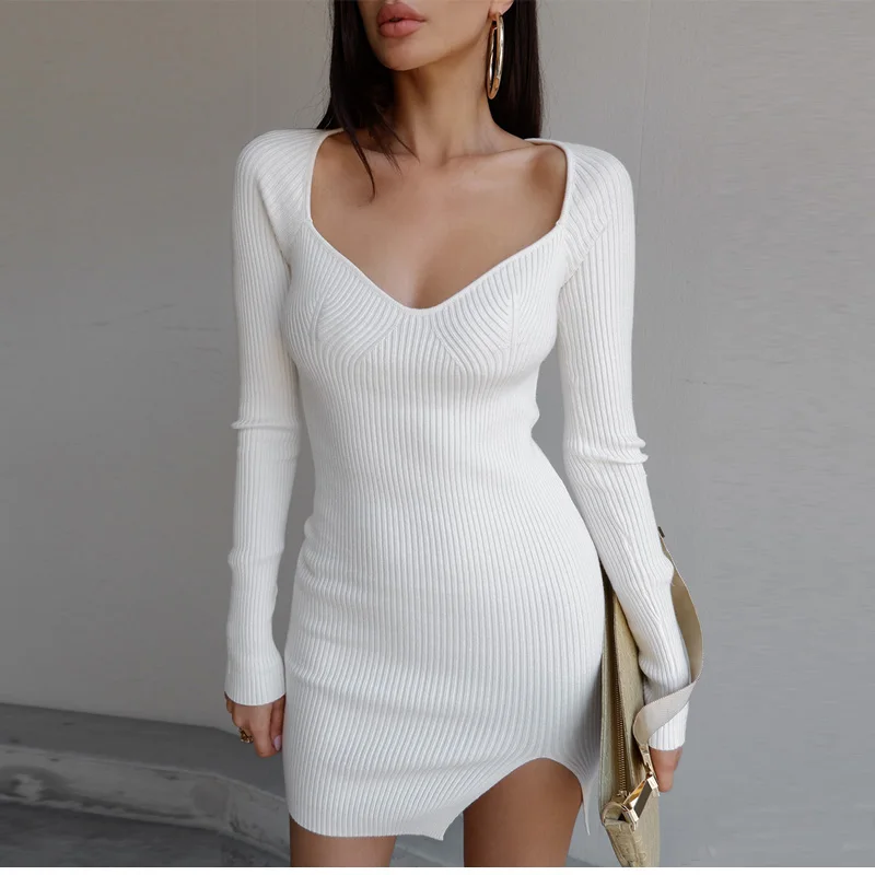 European and American temperament sexy square collar slit skirt autumn/winter 2022 women's skin-tight buttock woven dress 
European and American temperament sexy square collar slit skirt autumn/winter 2022 women's skin-tight buttock woven dress