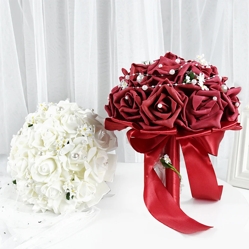 

Искусственный Букет невесты из пены, цветы для рук, свадебный букет роз с шелковой атласной лентой и жемчугом, товары для свадебной вечеринки, 1 шт.