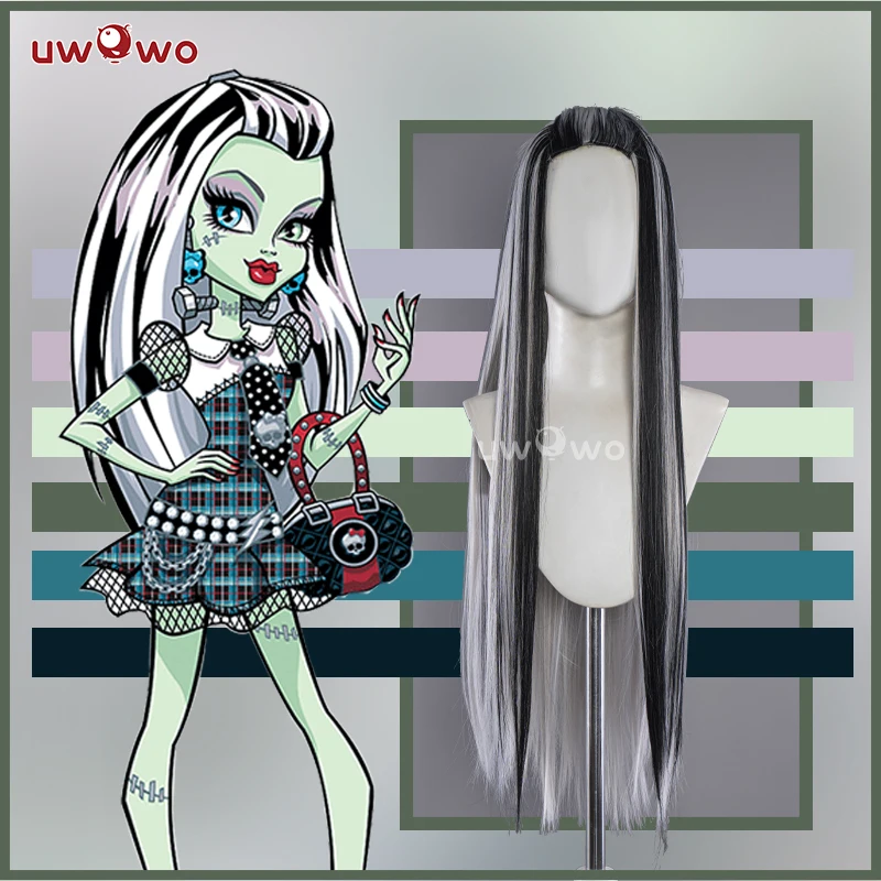 

Парик UWOWO Monster High для косплея Френки стейна 1, термостойкие волосы длиной 90 см черного и серебристого цвета