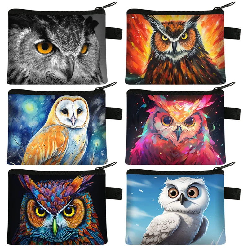 

Cartoon Owl Illustration Coin Purse Cute Snowy Owl Colorful Crayon Painting Small Wallet Man Women Credit Holder Money Bags Gift