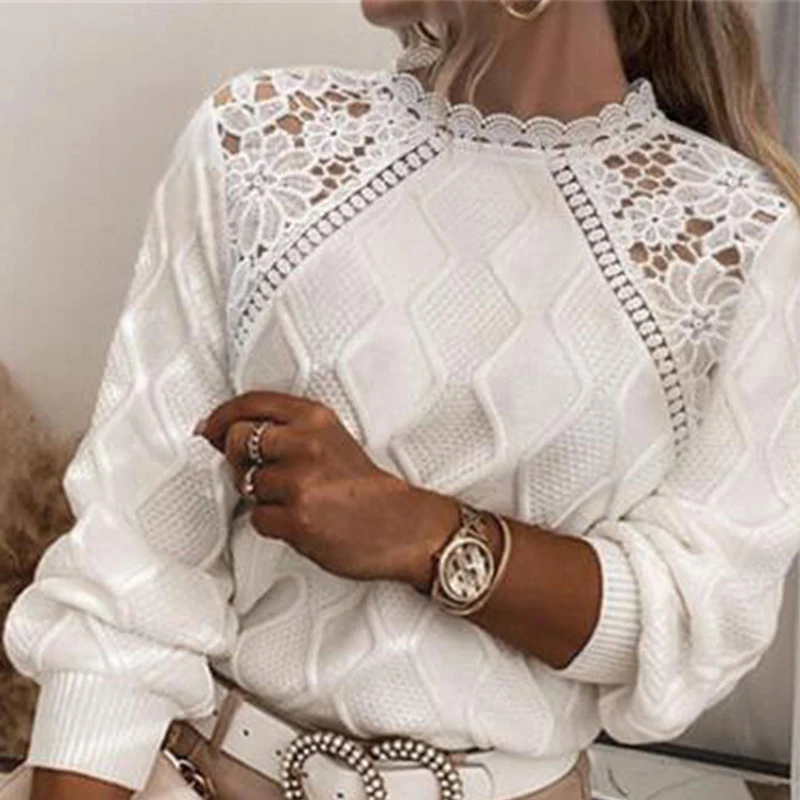 New Women's O-Neck Long Sleeve Slim Pullover Fashion Solid Office Lady Sweater Tops Sexy Hollow Lace Patchwork Knitted Sweaters
New Women's O-Neck Long Sleeve Slim Pullover Fashion Solid Office Lady Sweater Tops Sexy Hollow Lace Patchwork Knitted Sweaters