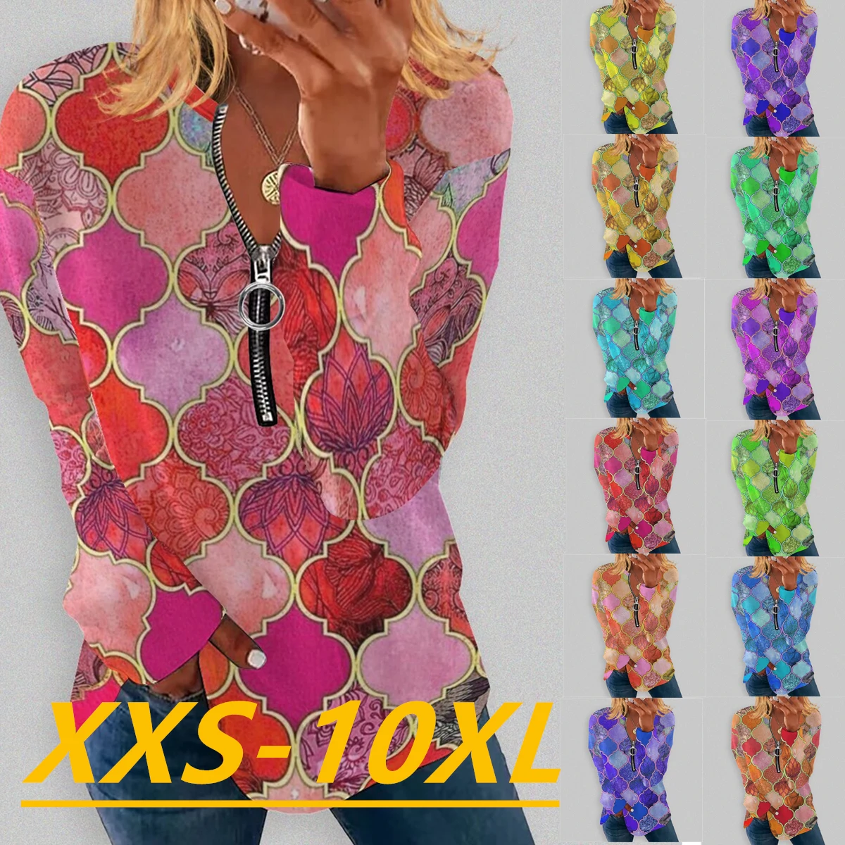 Осень/Зима 2022 Модный женский топ с геометрическим принтом на молнии с круглым вырезом и длинным рукавом в повседневном стиле большого разме...
Осень/Зима 2022 Модный женский топ с геометрическим принтом на молнии с круглым вырезом и длинным рукавом в повседневном стиле большого разме...