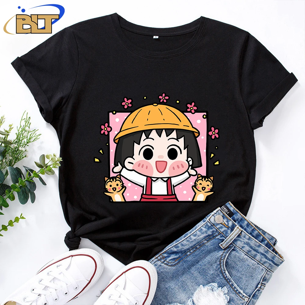 Женская футболка с принтом Chibi Maruko-chan повседневный Топ черный хлопковый коротким