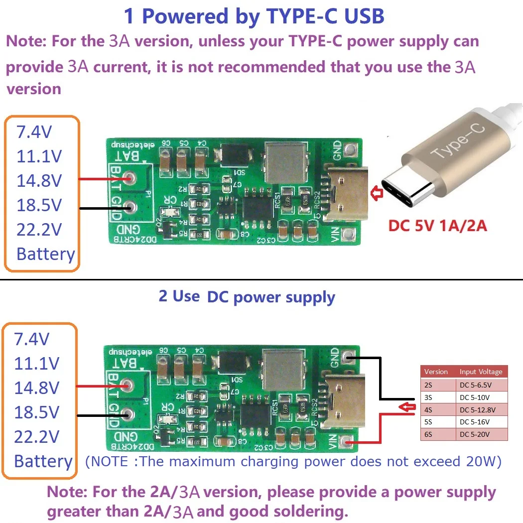 

2-6S Type-c Multi-cell 8.4V 12.6 16.8 21V 25.2V Step-up Boost Charger Module for 7.4V 11.1V 14.8V 18.5V 22.2V 18650 Battery Pack