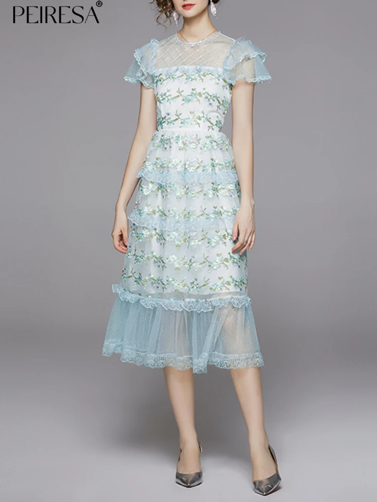 

Женское платье с цветочной вышивкой PEIRESA, элегантное Сетчатое платье миди с круглым вырезом и коротким рукавом, роскошные модельные платья, Новинка лета