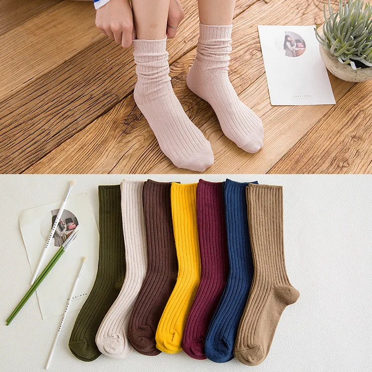 

5Pairs Retro Women Cotton Loose Socks Autumn Winter Knitting Solid Color Long Black Pink Korean Japanese Student Girls Stockings