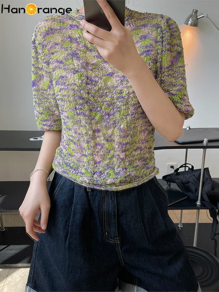 

HanOrange 2022 Summer Gentle Puff Sleeves Pattern Hollow Knitted Sweater Women Loose Skin-friendly Elastic Top Female