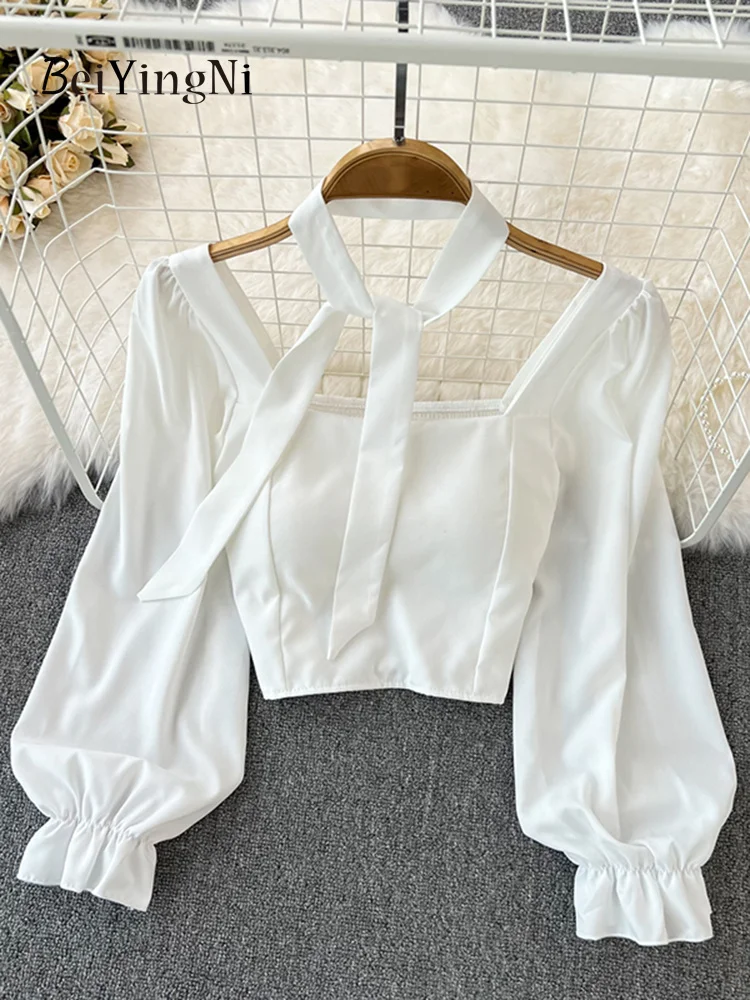 

Woman' Blua Korean Vintage quare Collar Long leeve Chiffon Bloue Women Back Elatic Kawaii Crop Top White hirt