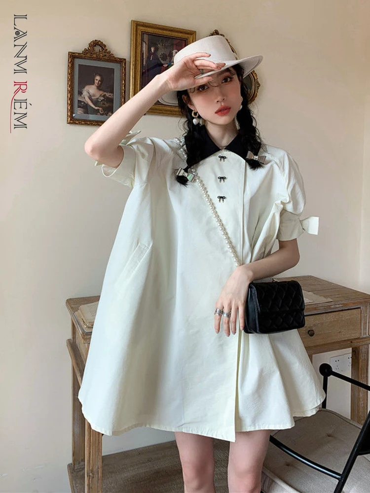 LANMREM Solid Color Loose Mini Dress For Women Turn-down Collar Puff Sleeve Sweet Dresses Female Fashion 2022 Summer 2N781 
LANMREM Solid Color Loose Mini Dress For Women Turn-down Collar Puff Sleeve Sweet Dresses Female Fashion 2022 Summer 2N781