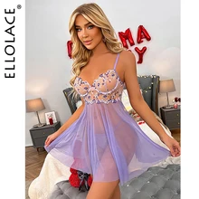 Ellolace Lace Night Dress Floral Embroidery Sexy Sleepwear Deep-V Neck Nightwears For Ladies Transparent Mini Dress Thongs