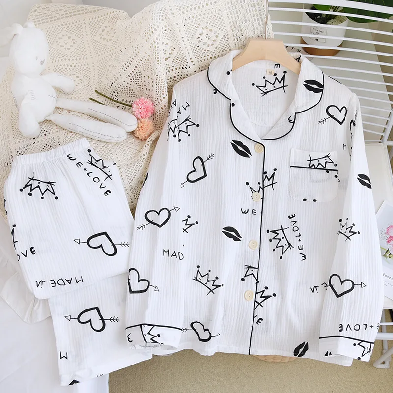 Spring And Autumn Women's Pajamas Two-piece Long-sleeved Trousers 100% Cotton Crepe Ladies Home Service Cute Plus Size Suit
Spring And Autumn Women's Pajamas Two-piece Long-sleeved Trousers 100% Cotton Crepe Ladies Home Service Cute Plus Size Suit