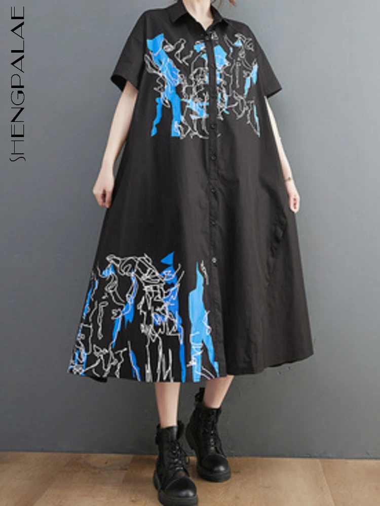 

SHENGPALAE Платье женское свободное повседневное лоскутное с коротким рукавом с отворотом однобортное черное 2022 Лето Новая мода 5SD247