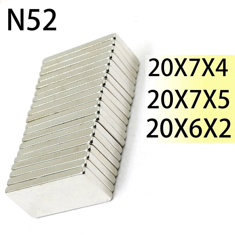 

50/100pcs N52 20x6x2 20x7x4 20x7x5 Neodymium Bar Block Strong Magnets Search Magnetic Bar Ndfeb Square Project Fridge Magnet