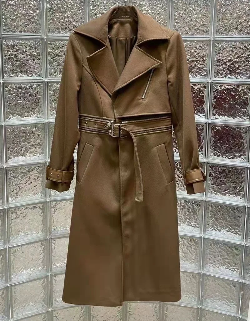 

High Quality New Long Coats 2023 Spring Autumn Overcoats Women Turn-down Collar Zip Patchwork Belted Casual Khaki Black Trench