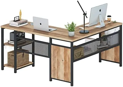 

Компьютерный стол в форме, промышленный офисный стол с полками, деревенский деревянный и металлический угловой стол для дома и офиса (деревенский дуб, 59 Inc