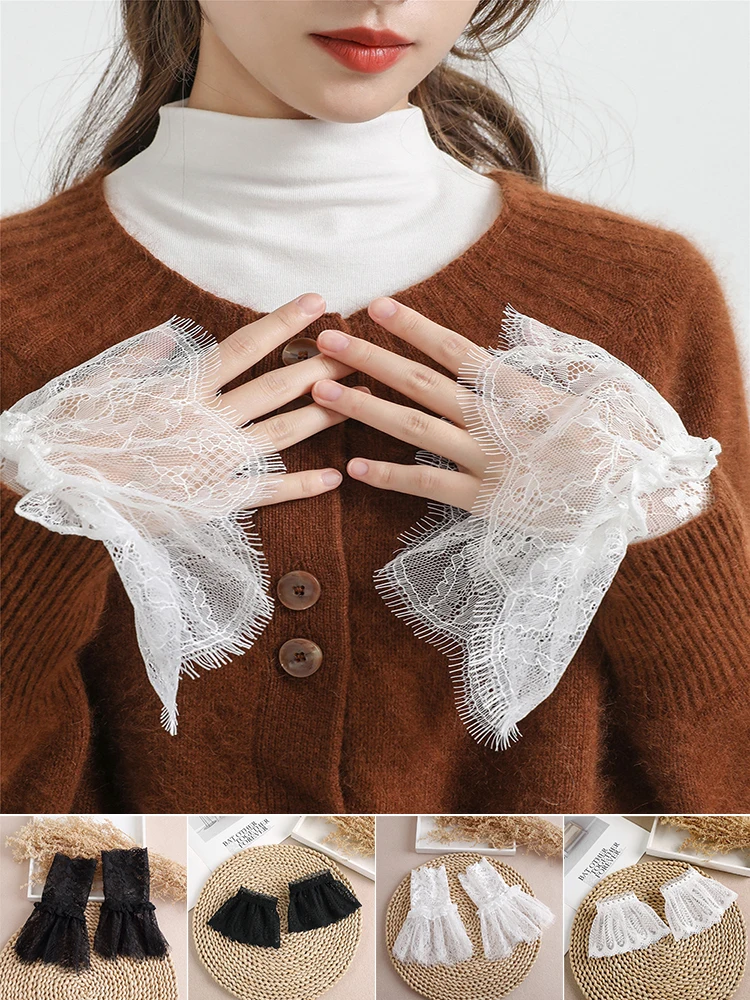 

Detachable Cuffs Fake Flared Sleeves Double Layer Lace Pleated Ruched False Cuffs Sweater Blouse Wrist Warmers Fake Sleeve Cuff
