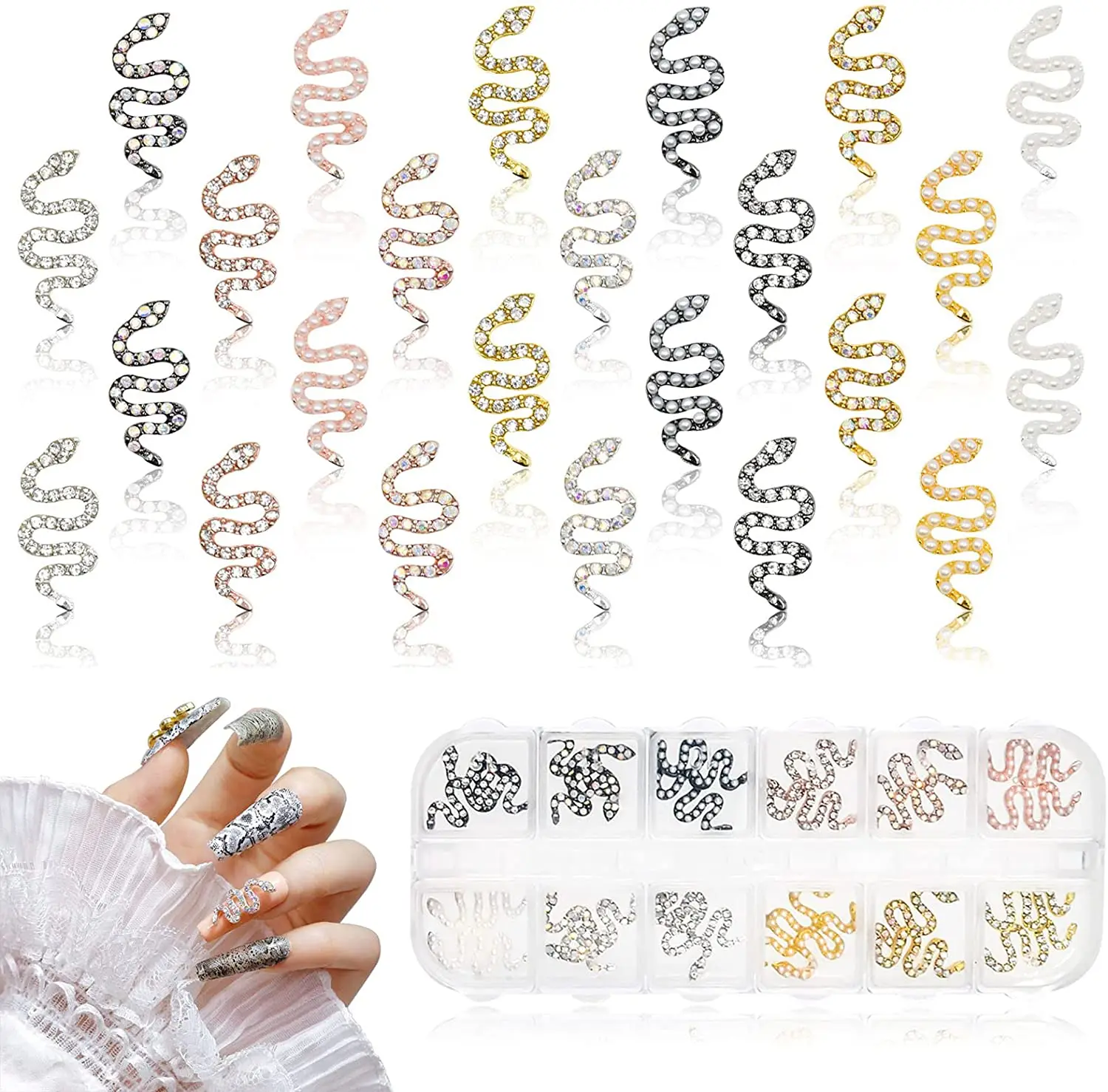 12Grid/24pcs Luxury Snake Nail Charms Alloy Metal Gold Silver Snake Manicure Rhinestone Jewelry 3D Vivid Nail Art Accessories JD
12Grid/24pcs Luxury Snake Nail Charms Alloy Metal Gold Silver Snake Manicure Rhinestone Jewelry 3D Vivid Nail Art Accessories JD