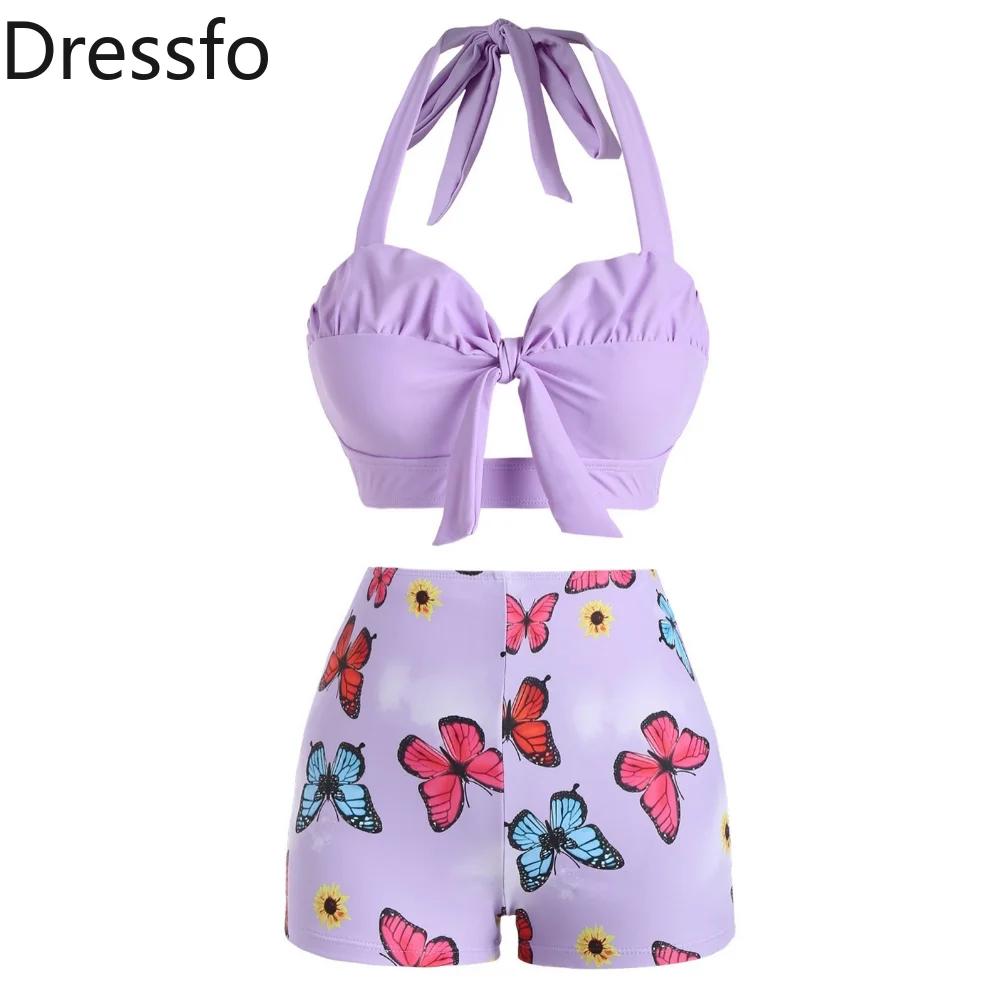 

Dressfo Butterfly Print High Waist Shorts Tummy Control Tankini Bandage Tops Swimsuit Ruched Knot Swimwear Set Swimsuit Women