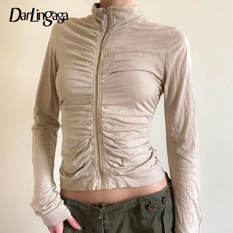

Darlingaga Fairycore Turtleneck Slim Autumn T shirt Female Fold Vintage Y2K Aesthetic Jacket Top Zip-Up Harajuku Shirts Clothes