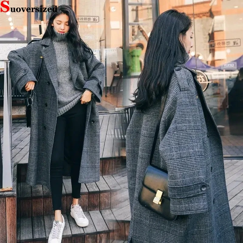 Women Winter Thicken Korean Loose Double Breasted Streetwear Wool Blend Overcoats Vintage Plaid Striped Mid-Length Woolen Coat
Women Winter Thicken Korean Loose Double Breasted Streetwear Wool Blend Overcoats Vintage Plaid Striped Mid-Length Woolen Coat