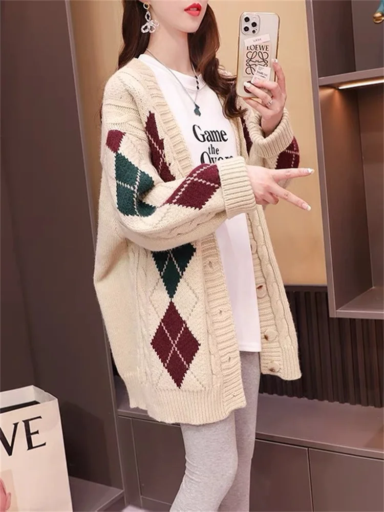 

Hsa Argyle Cardigan Women Knitted Sweater Loose Single Breasted Students V-neck Lovely Knitwear Korean Fashion Chic Cardigans