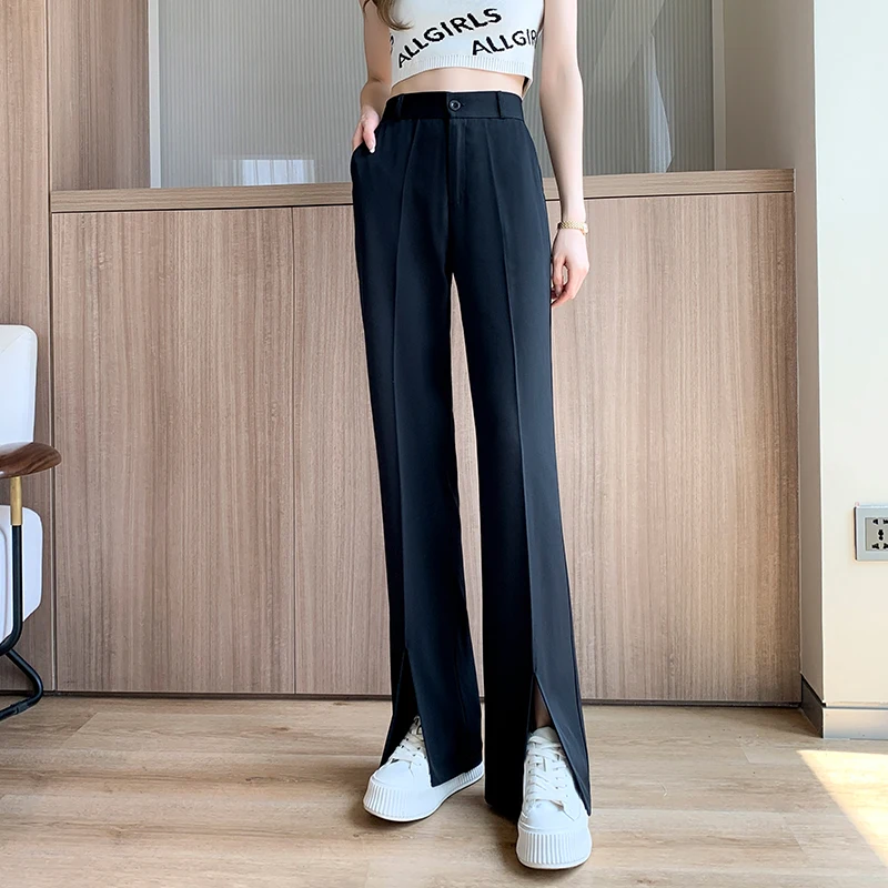 Chic Jumpsuits Trousers Loose Front Long Fashion Trousers Straight Pants Slit Office Elastic Waist High Women Lady Pencil Black 
Chic Jumpsuits Trousers Loose Front Long Fashion Trousers Straight Pants Slit Office Elastic Waist High Women Lady Pencil Black