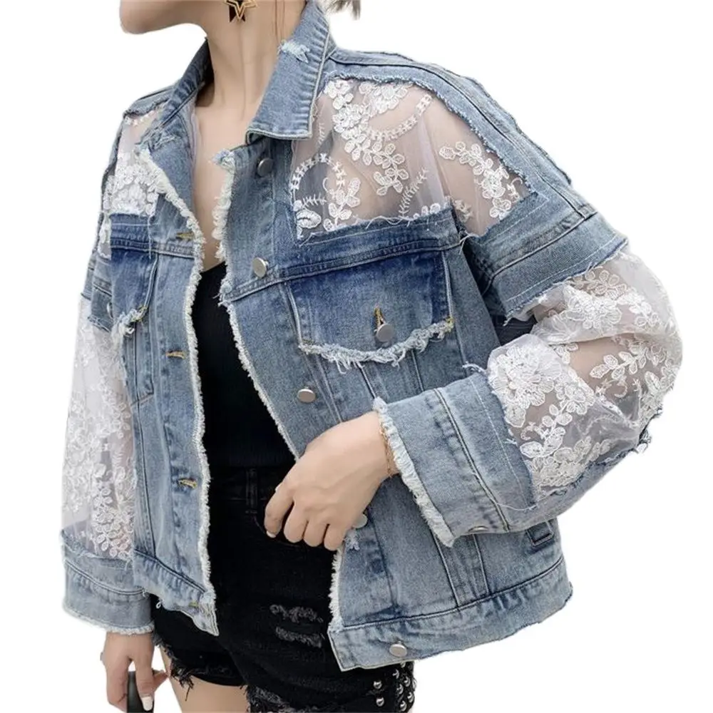Denim Jacket Women Casual Long Sleeve Coat Lace Patchwork Jeans Tops Women Sexy Perspective Embroidery Flower Outerwear Spring
Denim Jacket Women Casual Long Sleeve Coat Lace Patchwork Jeans Tops Women Sexy Perspective Embroidery Flower Outerwear Spring