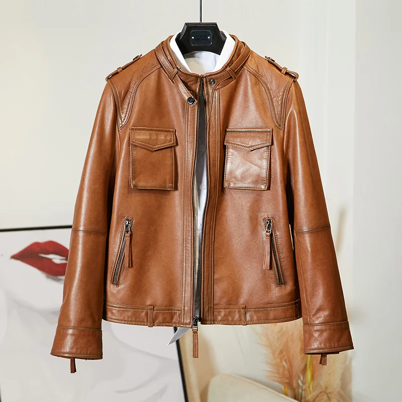 

2023 High Quality Genuine Sheepskin Leather Jackets for Women Motorcycle Female Tops Women's Coats Chaqueta Cuero Mujer Zjt2622