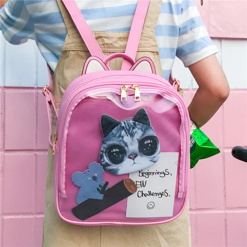 

Cute Women Ita Bag Bagpack Transparent Backpack Lovely Cat Ear Itabag PU Bagpacks for Teenage Girls Kawaii School Bags Mochila