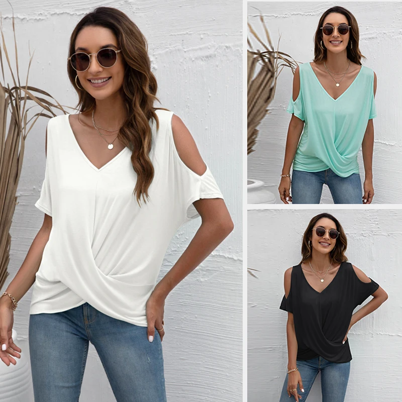 Летняя футболка с V-образным вырезом и коротким рукавом, женские свободные повседневные топы для женщин, Асимметричный топ с открытыми плеч... 
Летняя футболка с V-образным вырезом и коротким рукавом, женские свободные повседневные топы для женщин, Асимметричный топ с открытыми плеч...